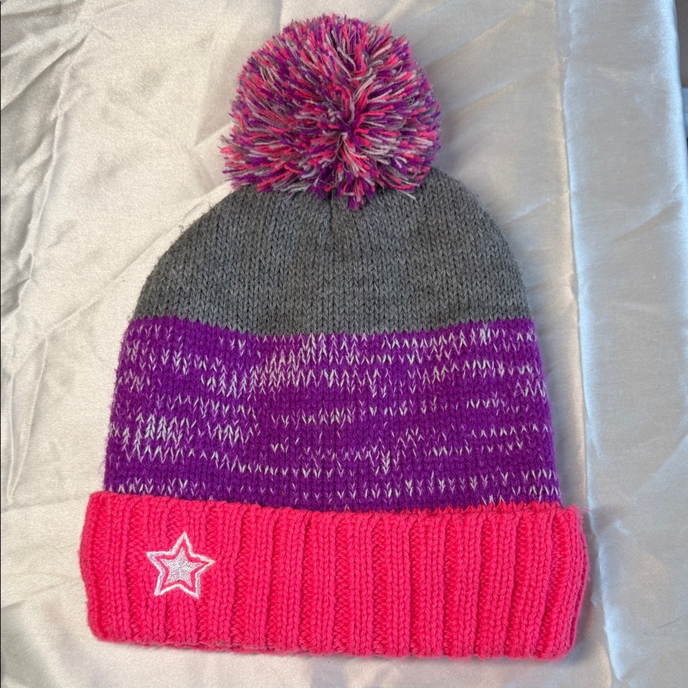 3M Thinsulate Kids Pom Beanie - Pink, Purple & Gray